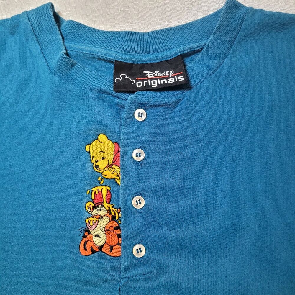 Disney Originals Teal Blue XL VNTG Henley Embroidered Winnie the Pooh and Tiger